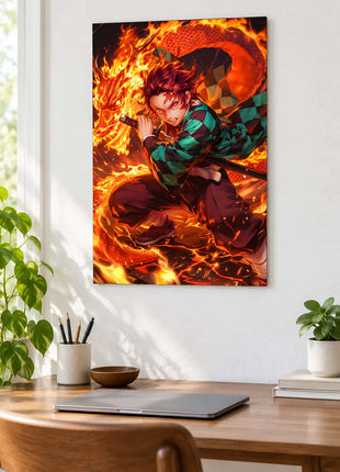 Dragonfire Rush shown as an acrylic wall-art mockup above a wooden desk with a closed laptop and plants.