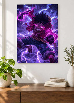 Violet Thunder Rush shown as an acrylic wall-art mockup above a wooden console, with plants against a light wall.