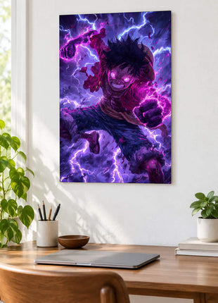 Violet Thunder Rush shown as an acrylic wall-art mockup above a wooden desk with a closed laptop and plants.