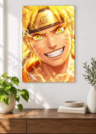 Sunburst Resolve shown as an acrylic wall-art mockup above a wooden console, with plants against a light wall.