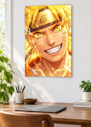 Sunburst Resolve shown as an acrylic wall-art mockup above a wooden desk with a closed laptop and plants.