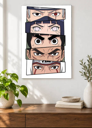Hidden Leaf Gaze shown as an acrylic wall-art mockup above a wooden console, with plants against a light wall.