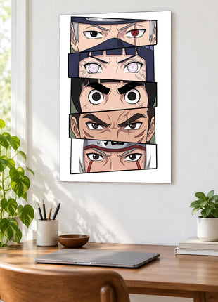 Hidden Leaf Gaze shown as an acrylic wall-art mockup above a wooden desk with a closed laptop and plants.