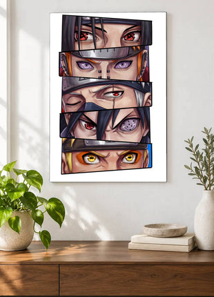 Eyes of Awakening shown as an acrylic wall-art mockup above a wooden console, with plants against a light wall.