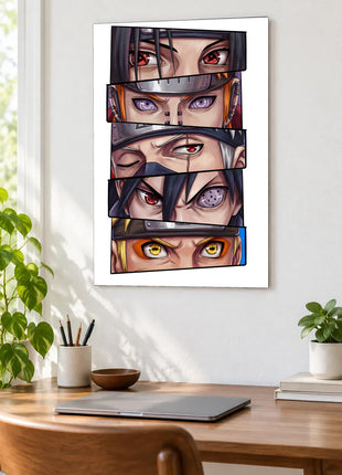 Eyes of Awakening shown as an acrylic wall-art mockup above a wooden desk with a closed laptop and plants.