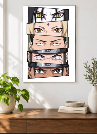 Shinobi Watch shown as an acrylic wall-art mockup above a wooden console, with plants against a light wall.