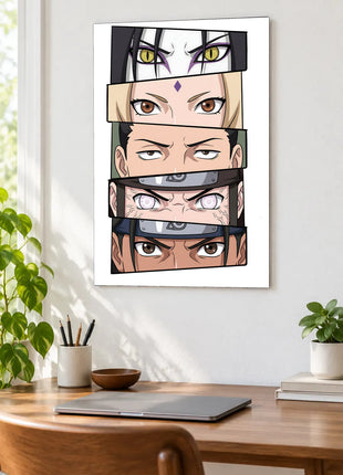 Shinobi Watch shown as an acrylic wall-art mockup above a wooden desk with a closed laptop and plants.