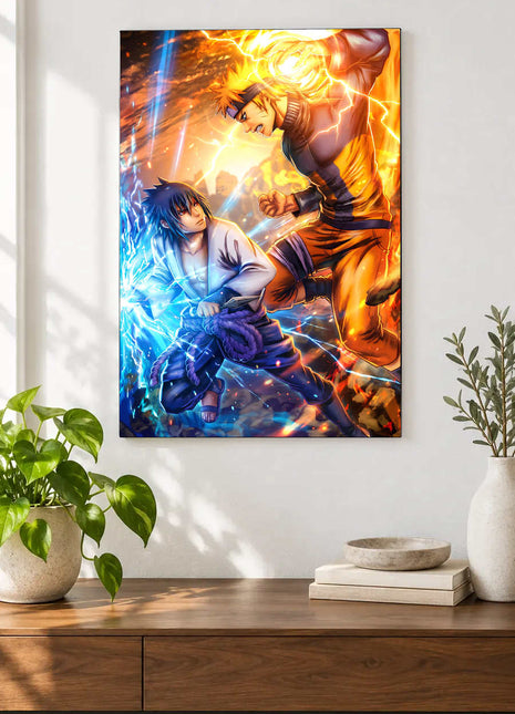 Rivalry Collision shown as an acrylic wall-art mockup above a wooden console, with plants against a light wall.