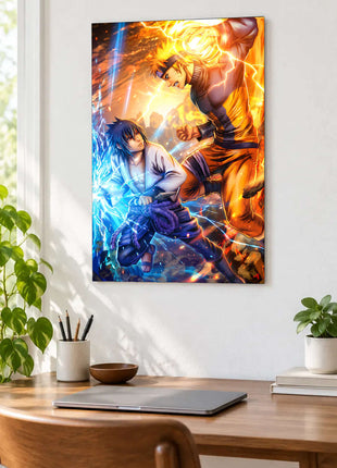 Rivalry Collision shown as an acrylic wall-art mockup above a wooden desk with a closed laptop and plants.