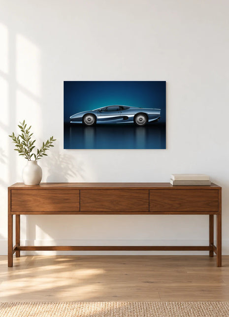 Arctic Wedge shown as horizontal acrylic wall art above a wooden console with a vase of leafy stems and stacked books.
