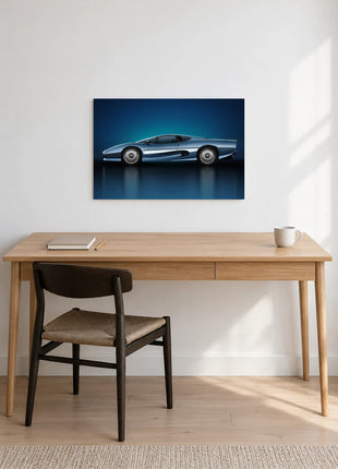 Arctic Wedge shown as horizontal acrylic wall art above a wooden desk with a notebook, pencil and white mug.