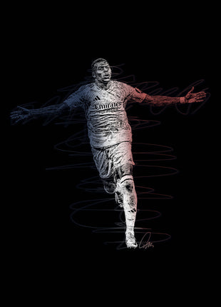 Real Madrid football player in a white kit with arms outstretched, accented by blue and red scribble lines on black.