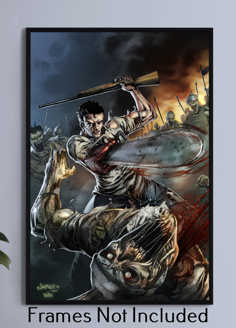 12x18 canvas print of Ash with chainsaw arm cutting into undead in Evil Dead art
