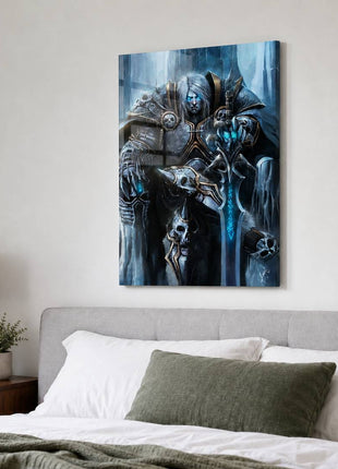 Arthas the Lich King seated on an icy throne with silver hair and a glowing blue rune sword on acrylic wall art above a gray upholstered headboard in a bedroom with white bedding.