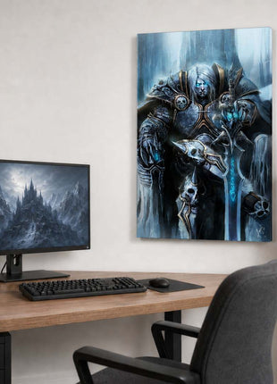 Arthas the Lich King seated on an icy throne with silver hair and a glowing blue rune sword on acrylic wall art beside a computer monitor in a game room with white walls.
