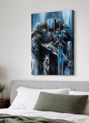Arthas the Lich King seated on an icy throne with silver hair and a glowing blue rune sword on canvas wall art above a gray upholstered headboard in a bedroom with white bedding.