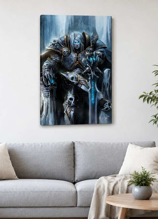 Arthas the Lich King seated on an icy throne with silver hair and a glowing blue rune sword on canvas wall art above a light gray sofa in a living room with white walls.