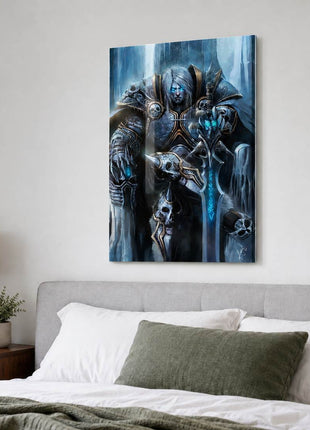 Arthas the Lich King seated on an icy throne with silver hair and a glowing blue rune sword on metal wall art above a gray upholstered headboard in a bedroom with white bedding.