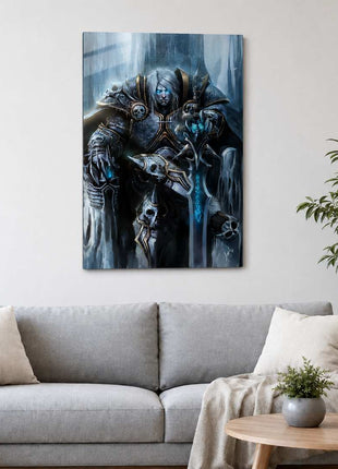 Arthas the Lich King seated on an icy throne with silver hair and a glowing blue rune sword on metal wall art above a light gray sofa in a living room with white walls.