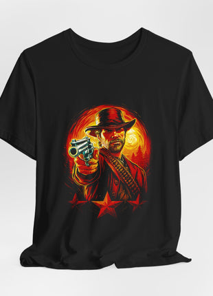 Draped front view of the black Arthur Morgan Sunset Gunslinger Graphic T-Shirt.