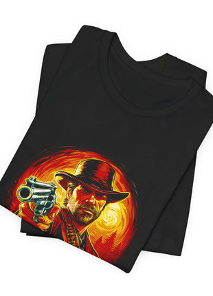 Folded view of the black Arthur Morgan Sunset Gunslinger Graphic T-Shirt.