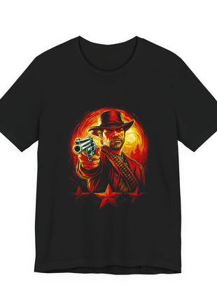 Front view of the black Arthur Morgan Sunset Gunslinger Graphic T-Shirt.