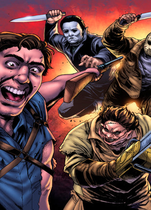 Ash Williams facing Michael Myers, Jason, Freddy, Leatherface, and Chucky; art by Ryan Pasibe.