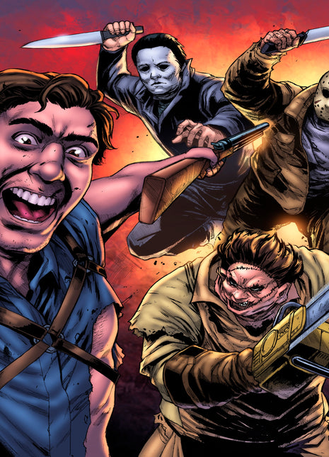 Ash Williams facing Michael Myers, Jason, Freddy, Leatherface, and Chucky; art by Ryan Pasibe.