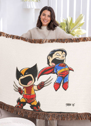 Wolverine Superman Chibi Woven Blanket | Marvel x DC Cotton Throw - Snapping Turtle Gallery