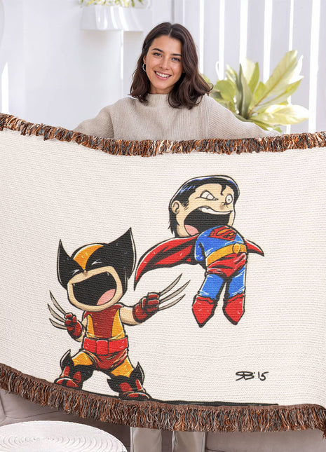 Wolverine Superman Chibi Woven Blanket | Marvel x DC Cotton Throw - Snapping Turtle Gallery
