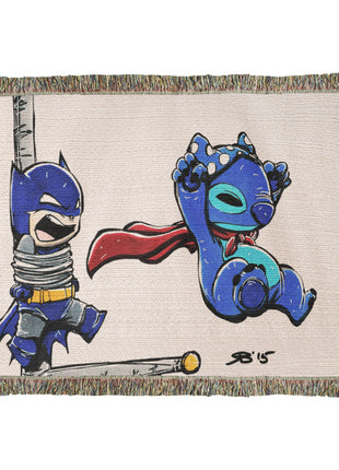 Stitch Batman Chibi Woven Blanket | 100% Cotton Loom-Woven Throw, Stitch as Batman chibi Disney x DC woven blanket. 100% cotton loom-woven throw, 3 sizes. No peeling, no fading. Fast US shipping. Buy 3 Get 1 FREE!, [-Snapping Turtle Gallery