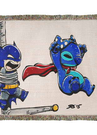 Stitch Batman Chibi Woven Blanket | 100% Cotton Loom-Woven Throw, Stitch as Batman chibi Disney x DC woven blanket. 100% cotton loom-woven throw, 3 sizes. No peeling, no fading. Fast US shipping. Buy 3 Get 1 FREE!, [-Snapping Turtle Gallery