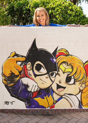 Batgirl Sailor Moon Chibi Woven Blanket | DC x Anime Cotton Throw, Shop Batgirl & Sailor Moon chibi DC x anime woven blanket. 100% cotton loom-woven throw, 3 sizes. No peeling, no fading. Fast US shipping. Order yours today., [-Snapping Turtle Gallery