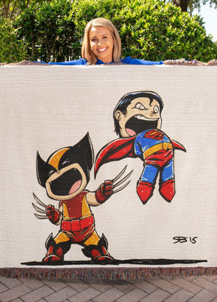 Wolverine Superman Chibi Woven Blanket | Marvel x DC Cotton Throw - Snapping Turtle Gallery