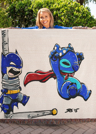 Stitch Batman Chibi Woven Blanket | 100% Cotton Loom-Woven Throw, Stitch as Batman chibi Disney x DC woven blanket. 100% cotton loom-woven throw, 3 sizes. No peeling, no fading. Fast US shipping. Buy 3 Get 1 FREE!, [-Snapping Turtle Gallery
