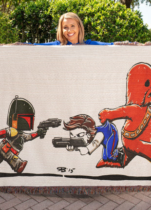 Han Solo Chewbacca Chibi Woven Blanket | Star Wars Cotton Throw, Shop Han Solo & Chewbacca chibi Star Wars woven blanket. 100% cotton loom-woven throw, 3 sizes. No peeling, no fading. Fast US shipping. Order yours today., [-Snapping Turtle Gallery
