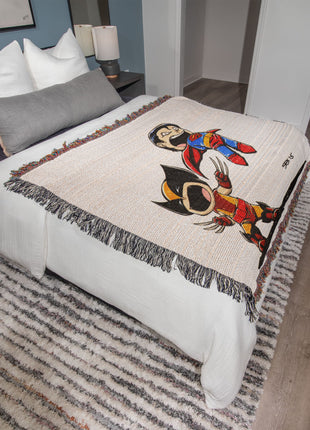 Wolverine Superman Chibi Woven Blanket | Marvel x DC Cotton Throw - Snapping Turtle Gallery