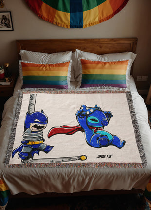 Stitch Batman Chibi Woven Blanket | 100% Cotton Loom-Woven Throw, Stitch as Batman chibi Disney x DC woven blanket. 100% cotton loom-woven throw, 3 sizes. No peeling, no fading. Fast US shipping. Buy 3 Get 1 FREE!, [-Snapping Turtle Gallery