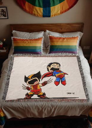 Wolverine Superman Chibi Woven Blanket | Marvel x DC Cotton Throw - Snapping Turtle Gallery