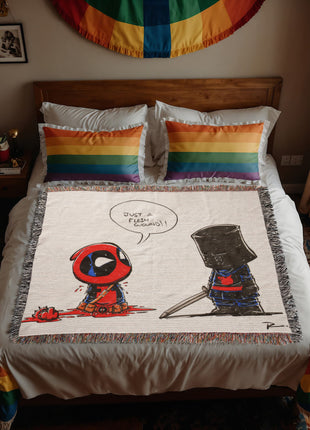Deadpool Black Knight Woven Blanket | Marvel x Monty Python Throw, Shop Deadpool & Black Knight chibi Marvel x Monty Python woven blanket. 100% cotton loom-woven throw, 3 sizes. No peeling, no fading. Fast shipping. Order now., [-Snapping Turtle Gallery