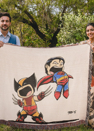 Wolverine Superman Chibi Woven Blanket | Marvel x DC Cotton Throw - Snapping Turtle Gallery