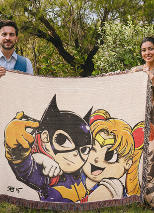 Batgirl Sailor Moon Chibi Woven Blanket | DC x Anime Cotton Throw, Shop Batgirl & Sailor Moon chibi DC x anime woven blanket. 100% cotton loom-woven throw, 3 sizes. No peeling, no fading. Fast US shipping. Order yours today., [-Snapping Turtle Gallery