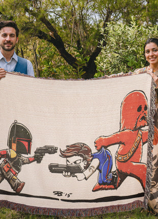 Han Solo Chewbacca Chibi Woven Blanket | Star Wars Cotton Throw, Shop Han Solo & Chewbacca chibi Star Wars woven blanket. 100% cotton loom-woven throw, 3 sizes. No peeling, no fading. Fast US shipping. Order yours today., [-Snapping Turtle Gallery