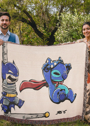 Stitch Batman Chibi Woven Blanket | 100% Cotton Loom-Woven Throw, Stitch as Batman chibi Disney x DC woven blanket. 100% cotton loom-woven throw, 3 sizes. No peeling, no fading. Fast US shipping. Buy 3 Get 1 FREE!, [-Snapping Turtle Gallery