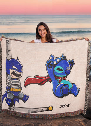 Stitch Batman Chibi Woven Blanket | 100% Cotton Loom-Woven Throw, Stitch as Batman chibi Disney x DC woven blanket. 100% cotton loom-woven throw, 3 sizes. No peeling, no fading. Fast US shipping. Buy 3 Get 1 FREE!, [-Snapping Turtle Gallery