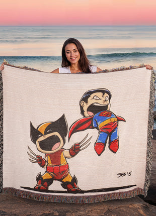 Wolverine Superman Chibi Woven Blanket | Marvel x DC Cotton Throw - Snapping Turtle Gallery