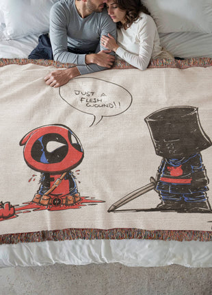 Deadpool Black Knight Woven Blanket | Marvel x Monty Python Throw, Shop Deadpool & Black Knight chibi Marvel x Monty Python woven blanket. 100% cotton loom-woven throw, 3 sizes. No peeling, no fading. Fast shipping. Order now., [-Snapping Turtle Gallery