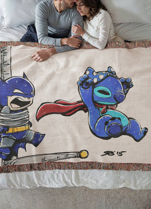 Stitch Batman Chibi Woven Blanket | 100% Cotton Loom-Woven Throw, Stitch as Batman chibi Disney x DC woven blanket. 100% cotton loom-woven throw, 3 sizes. No peeling, no fading. Fast US shipping. Buy 3 Get 1 FREE!, [-Snapping Turtle Gallery