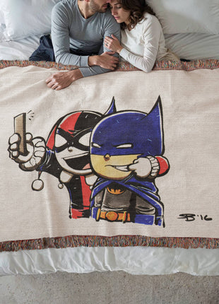 Harley Quinn Batman Chibi Woven Blanket | DC Comics Cotton Throw, Shop Harley Quinn & Batman chibi DC Comics woven blanket. 100% cotton loom-woven throw, 3 sizes. No peeling, no fading. Fast US shipping. Order yours today., [-Snapping Turtle Gallery