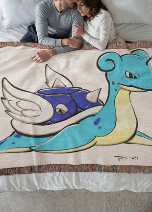 Lapras Blue Shell Chibi Woven Blanket | Pokémon x Mario Cotton Throw - Snapping Turtle Gallery